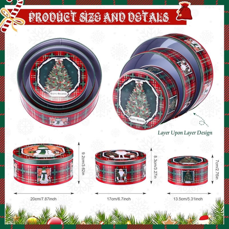 Lingvee 3 Pcs Christmas Cookie Tin with Lids for Gift Giving Tin Containers Round Festive Cookie Tins Metal Nesting Containers Large Medium Small - Image 2